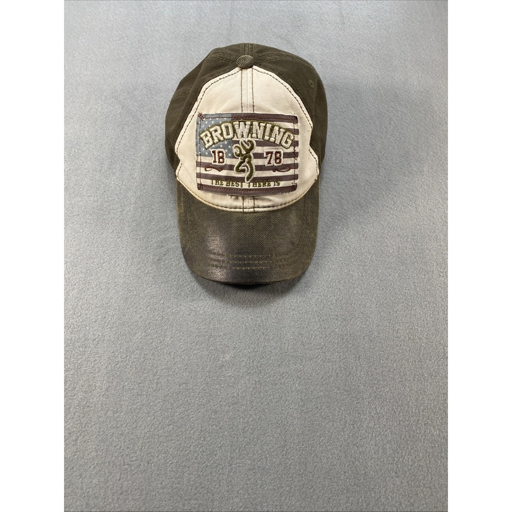 Vintage Browning Hat Adjustable Hook and Loop Back Brown USA Flag